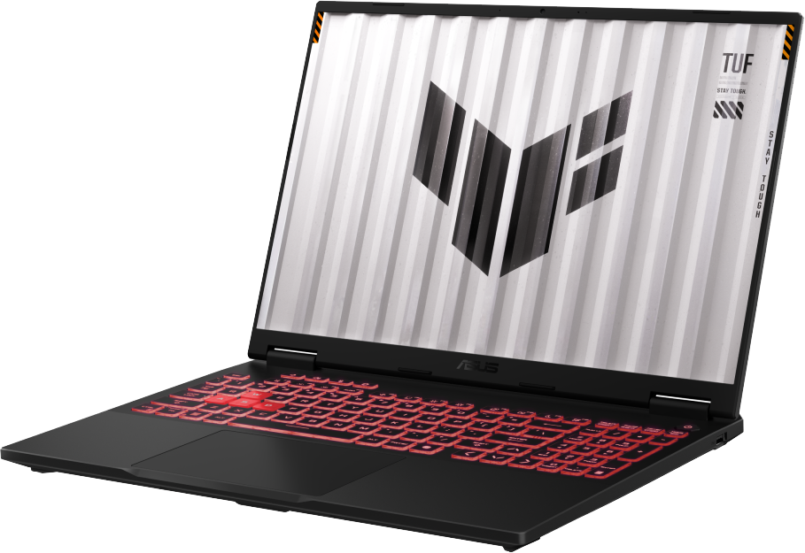 Fekete laptop piros megvilágítású billentyűzettel és TUF logóval a képernyőn.