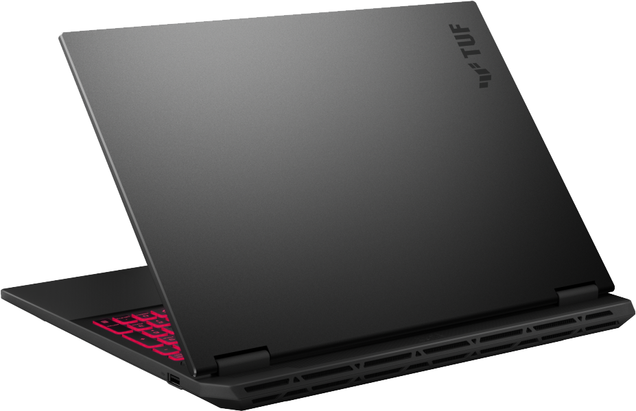 Fekete laptop piros billentyűzettel, TUF logóval a fedélen.