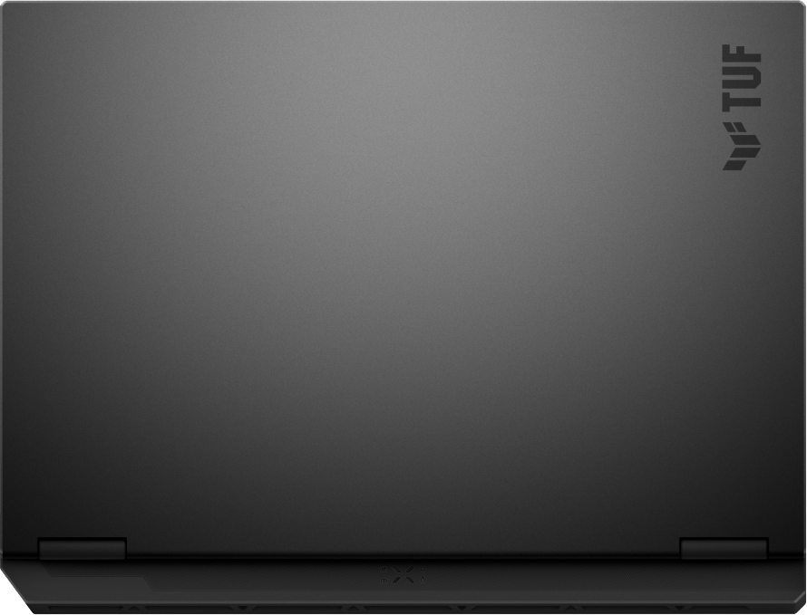 Zárt fekete laptop TUF logóval a jobb felső sarokban.