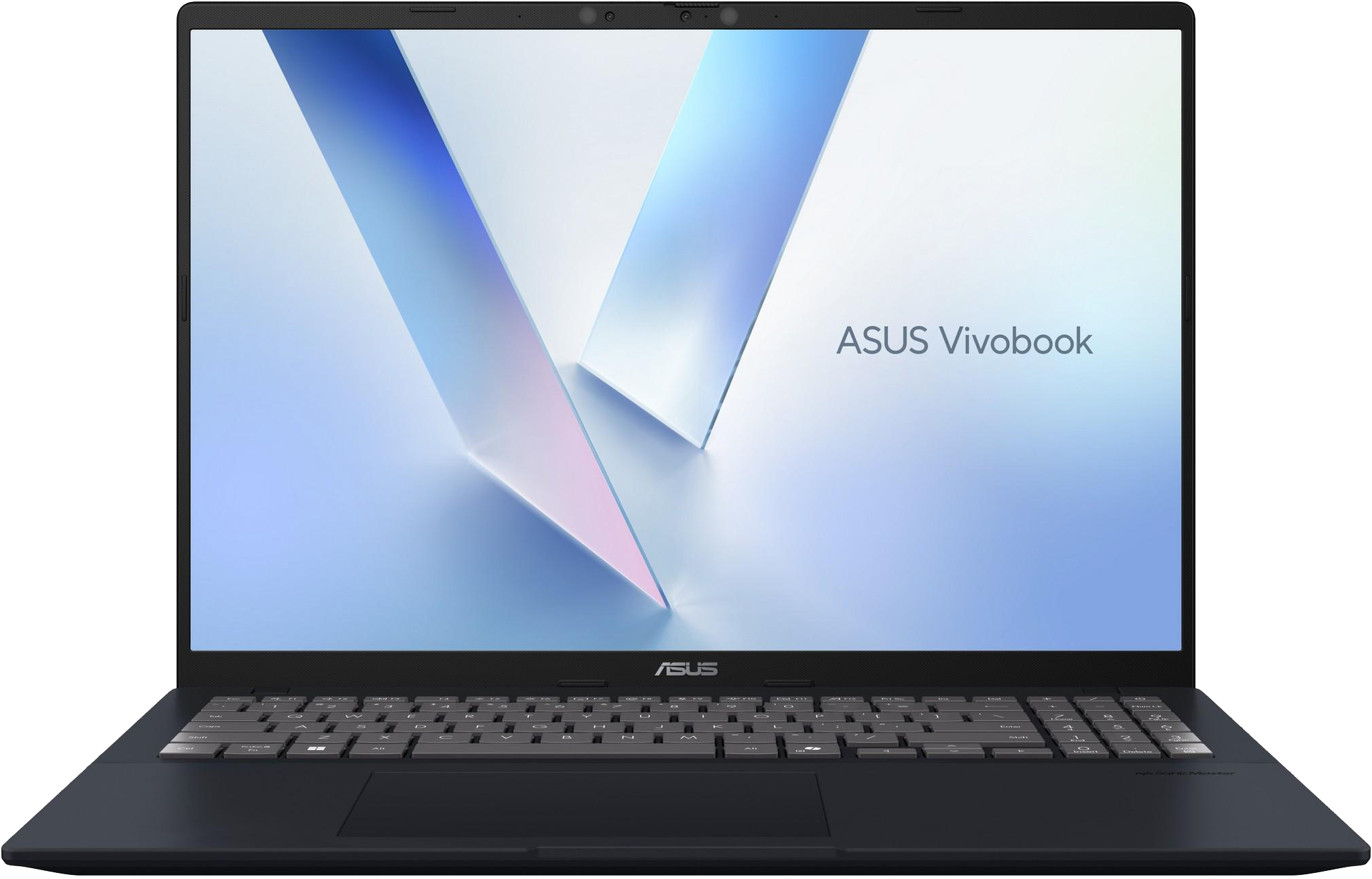 Sötét ASUS Vivobook laptop háttérvilágított billentyűzettel és absztrakt háttérrel.