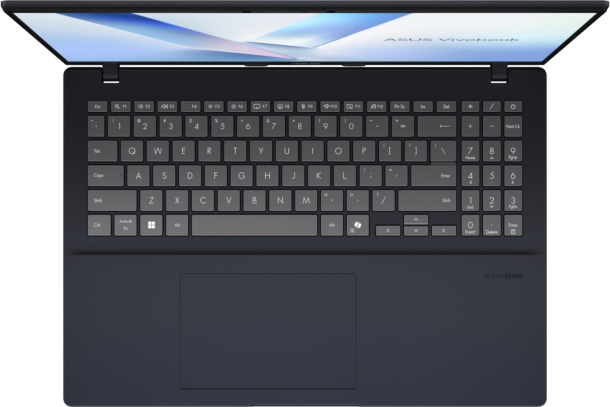 Egy nyitott, sötétkék ASUS Vivobook laptop háttérvilágítású billentyűzettel.