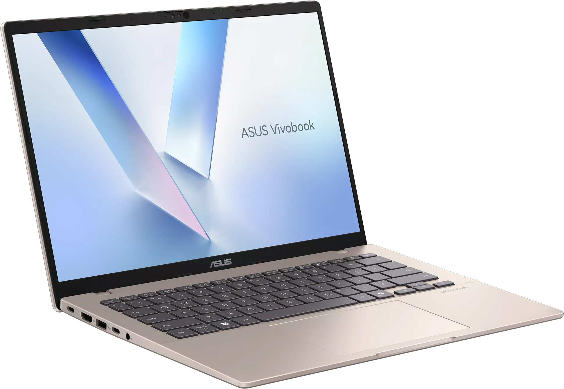 Egy nyitott, arany ASUS Vivobook laptop billentyűzettel és érintőpaddal.