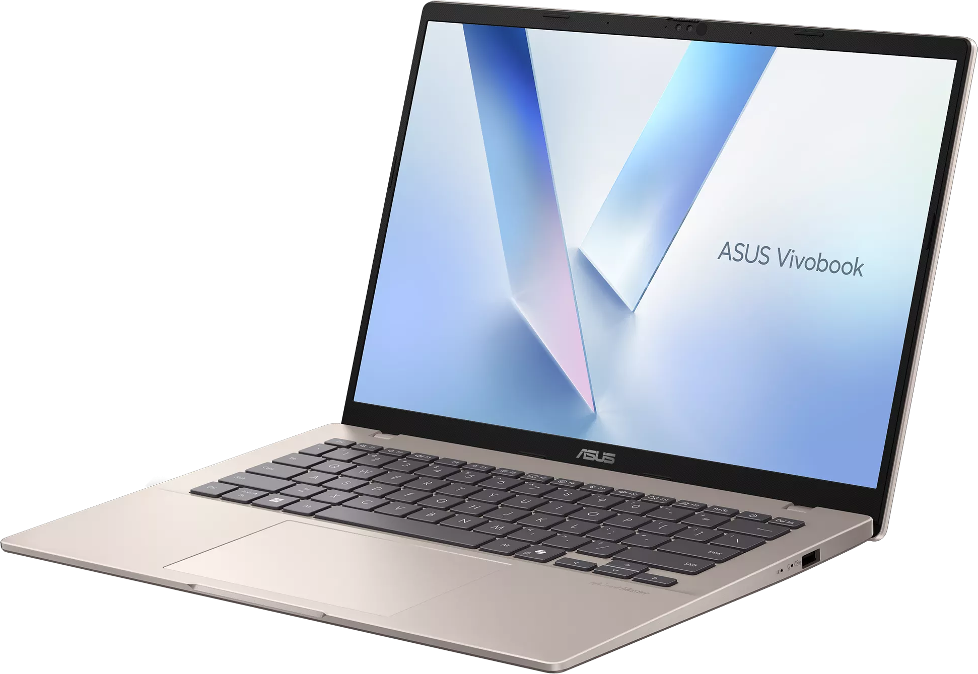 Egy arany ASUS Vivobook laptop háttérvilágított billentyűzettel és fényes képernyővel.