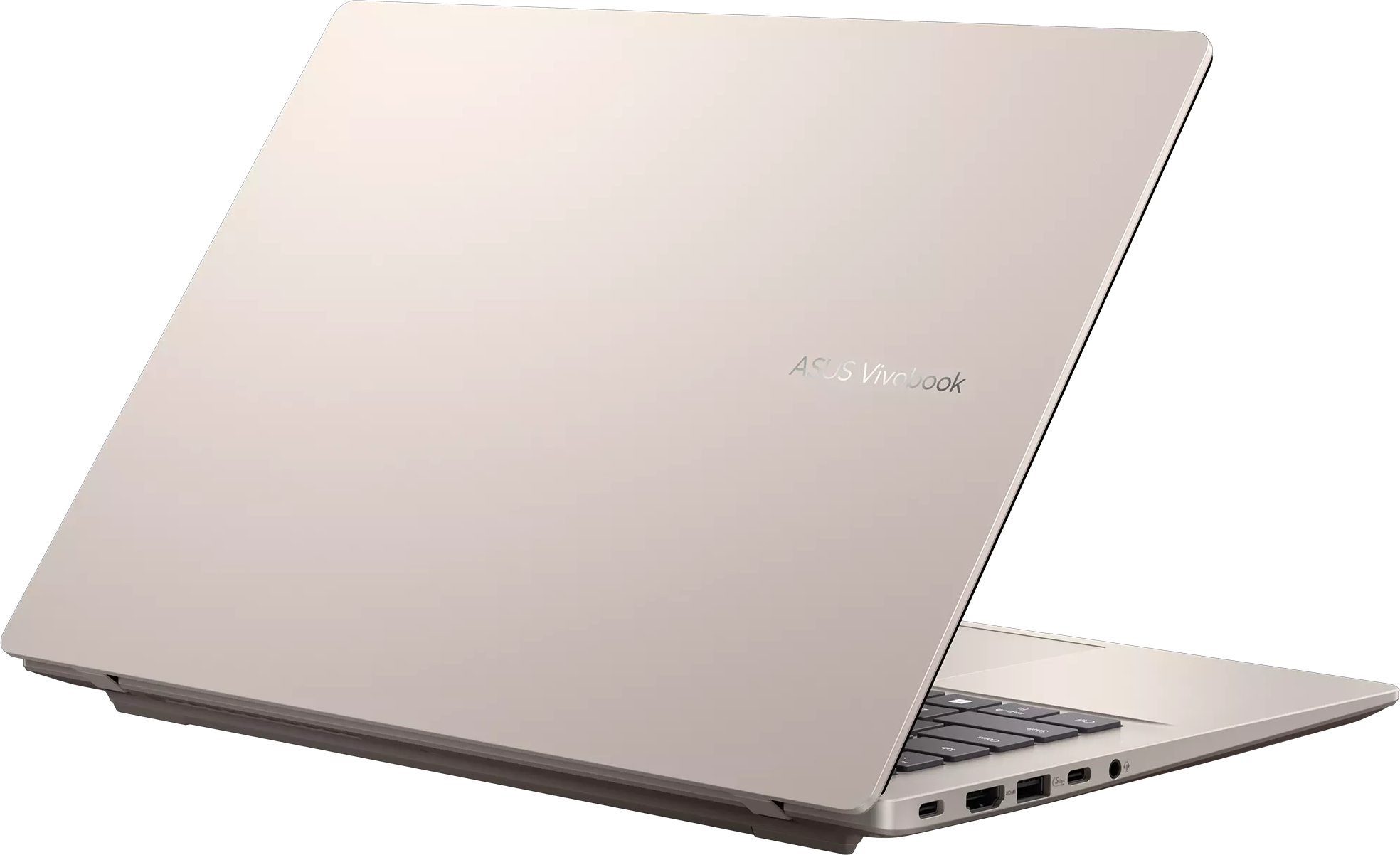 Egy nyitott, világos színű laptop ASUS Vivobook logóval a fedélen.