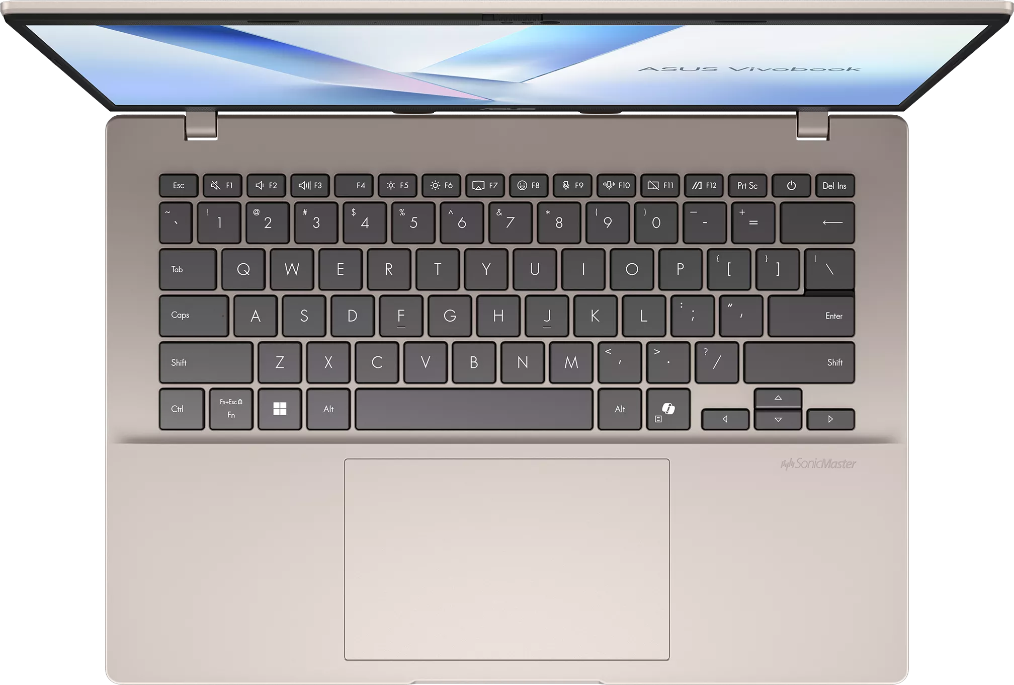 Egy nyitott ezüst ASUS Vivobook laptop billentyűzettel és érintőpaddal.