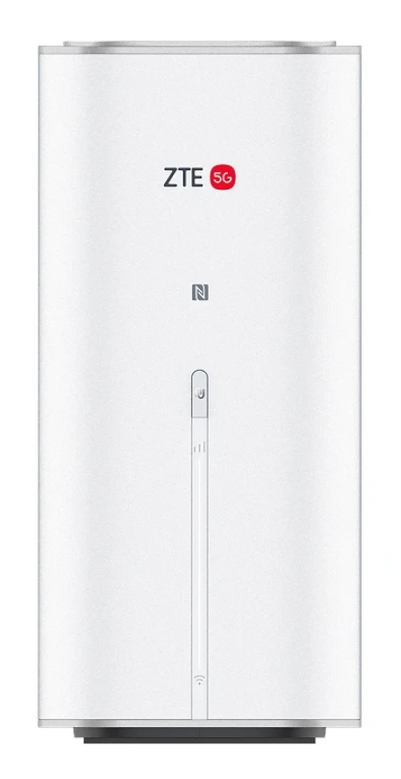 Biały router ZTE 5G z symbolem N i pionowym wskaŹnikiem LED.