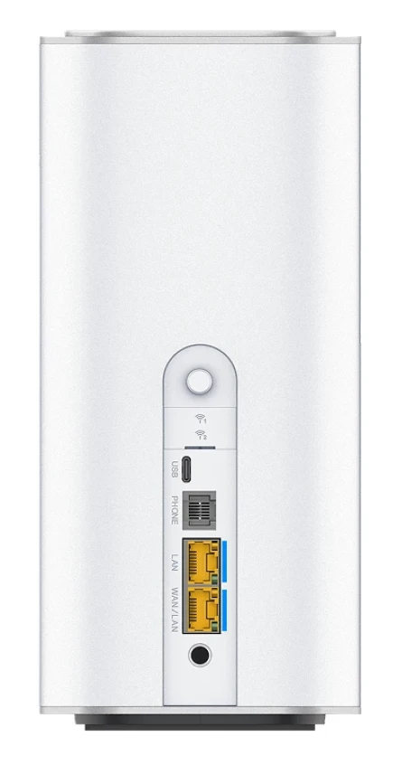Tył białego routera z portami: USB, Telefon, LAN, WAN/LAN.