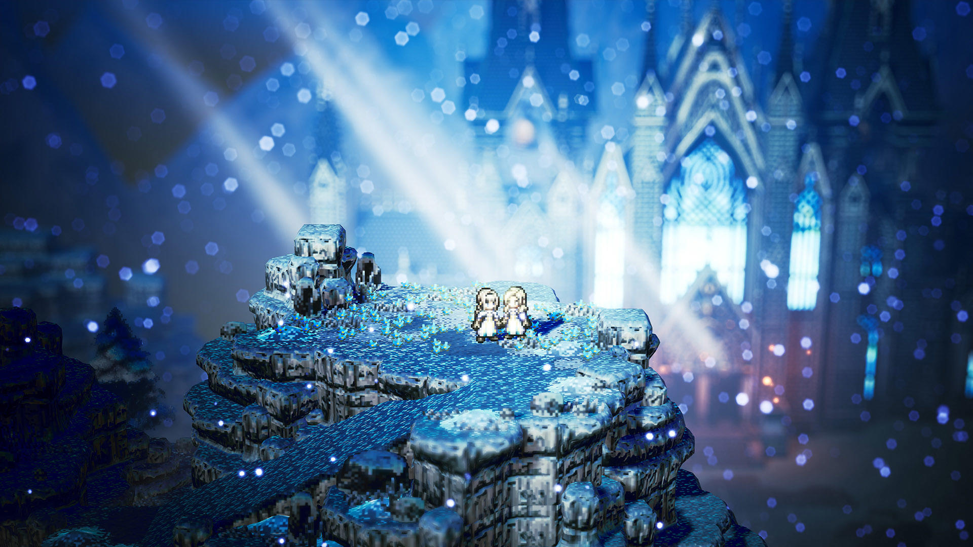 Zwei kleine Pixel-Figuren stehen auf einem eisigen Felsen vor einer verschneiten Burg.