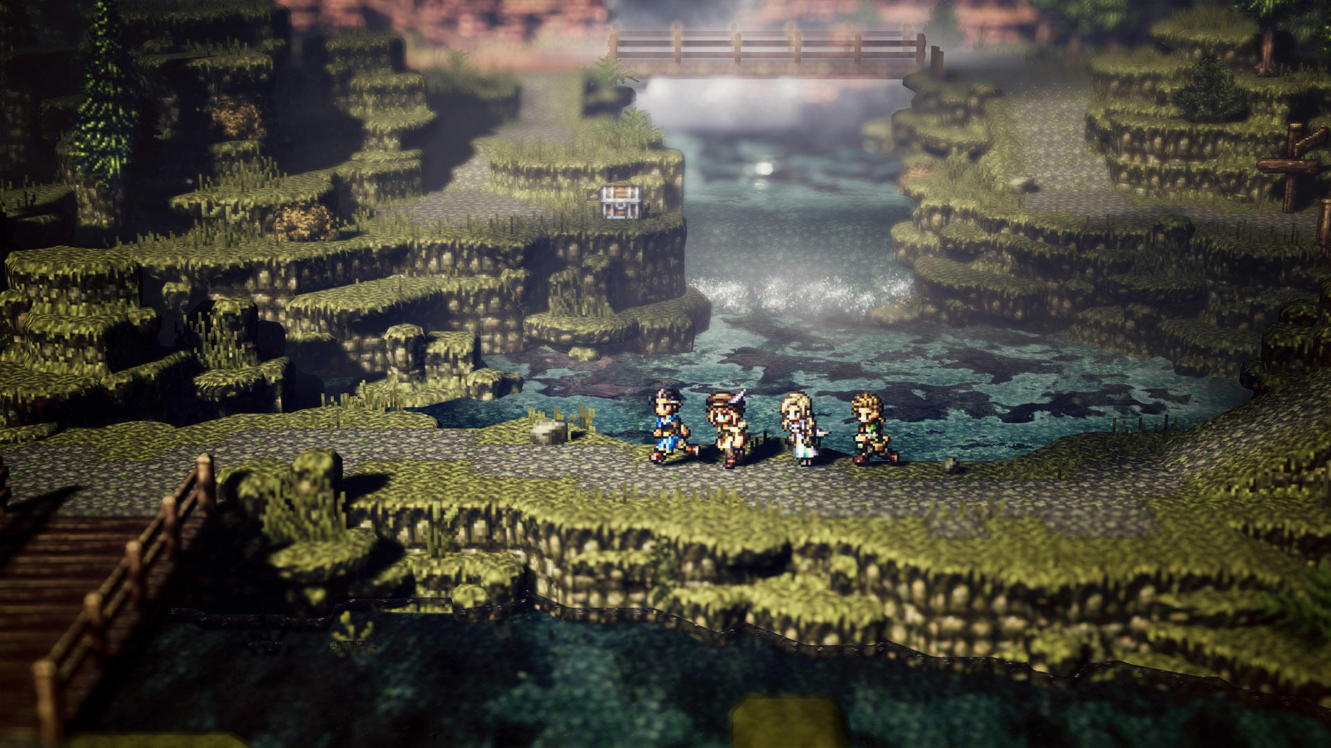 Vier Pixel-Charaktere gehen auf einem Pfad neben einem Fluss. Eine Holzbrücke ist im Hintergrund.
