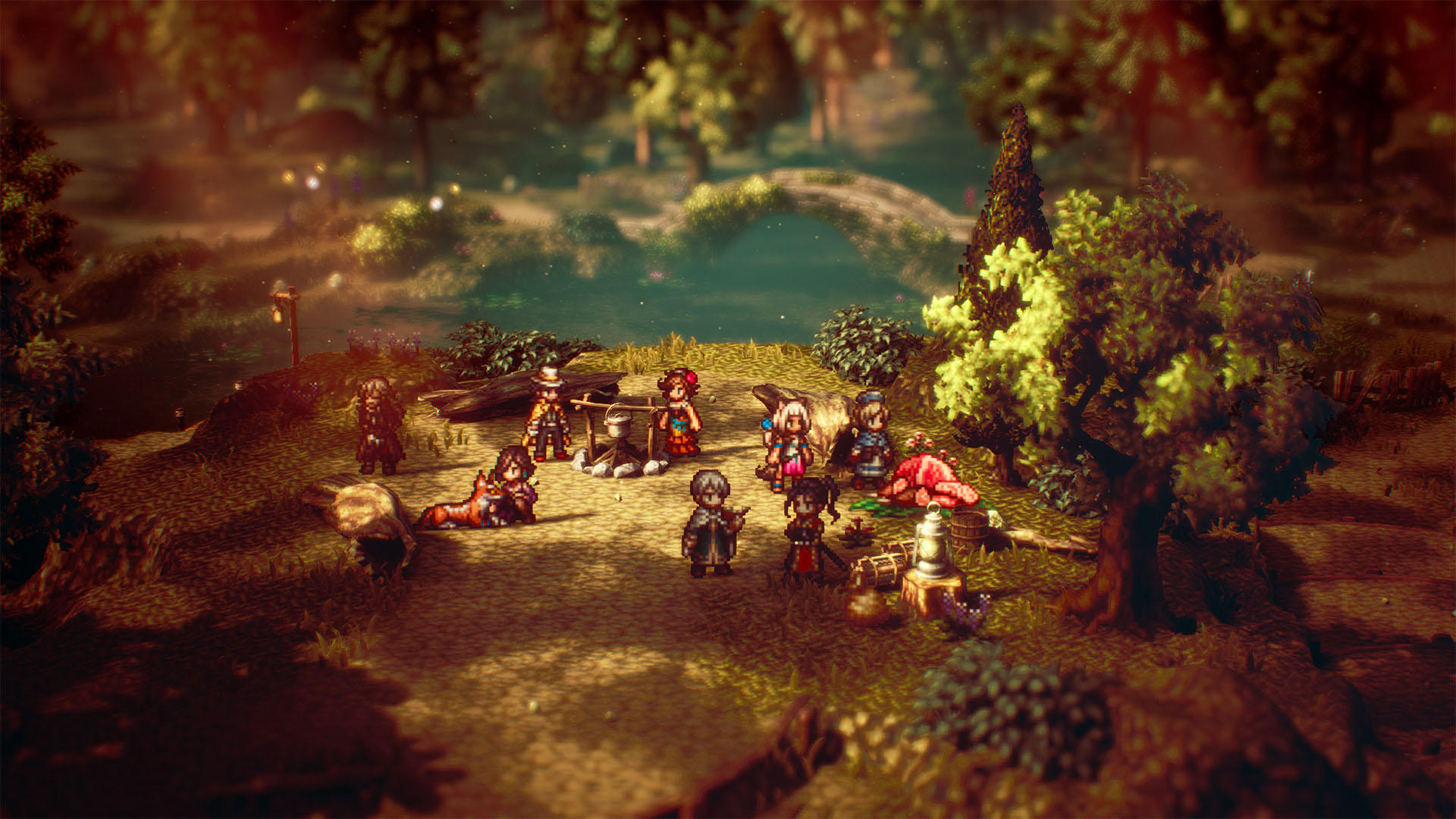 Eine Gruppe von Pixelcharakteren lagert in einem Wald, mit einem Lagerfeuer und einem Fluss im Hintergrund.