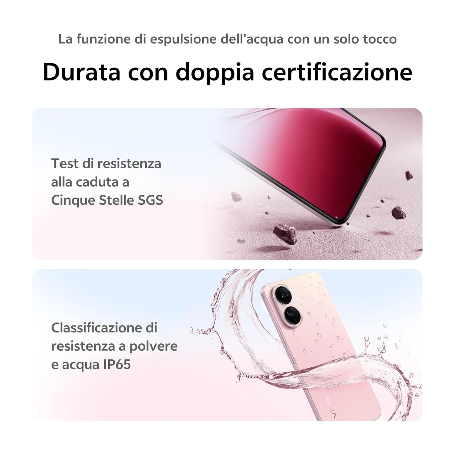 Uno smartphone rosa schizzato d'acqua. Un altro smartphone cade su delle rocce.