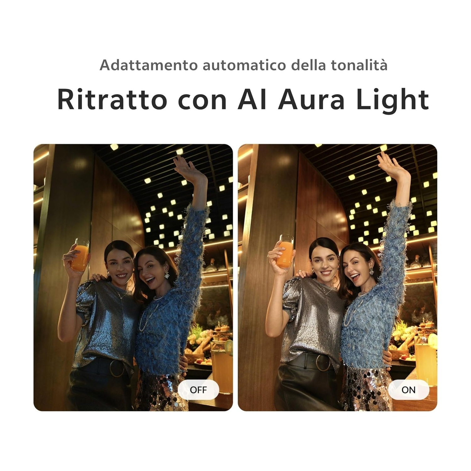 Due donne in abiti festivi che tengono bicchieri davanti a uno sfondo illuminato.