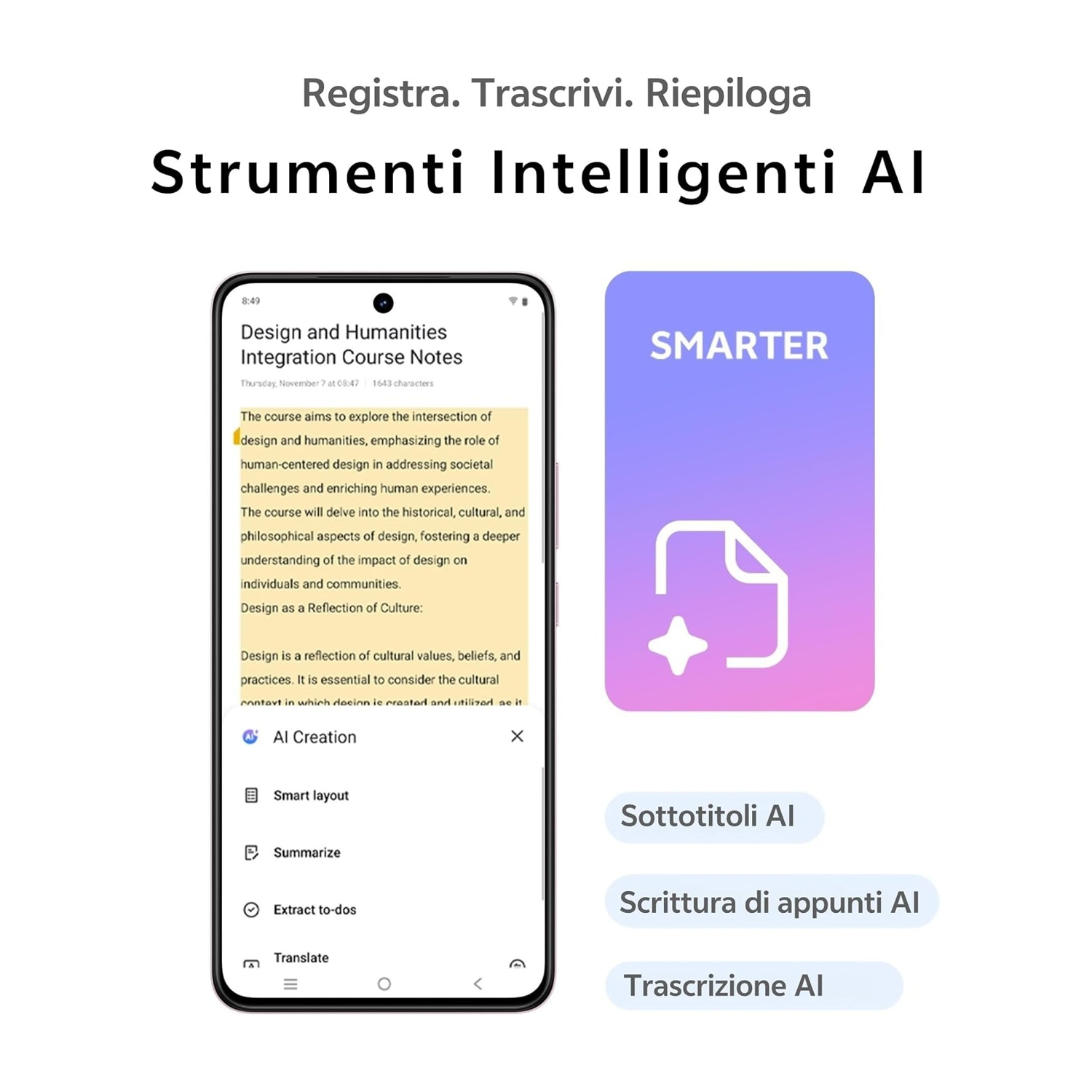 Un'app per smartphone mostra note AI su Design e Scienze Umane.