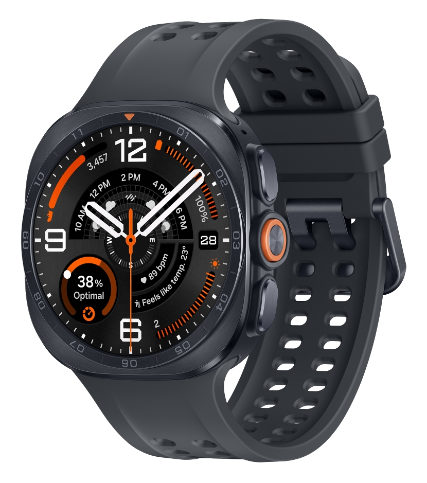 Szary smartwatch z czarną tarczą pokazującą 3457 kroków, 38% optymalnie, 89 bpm i 23°C.