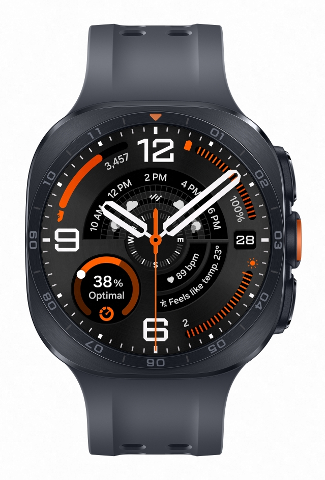 Ciemnoszary smartwatch z czarną tarczą pokazuje czas, tętno i temperaturę.