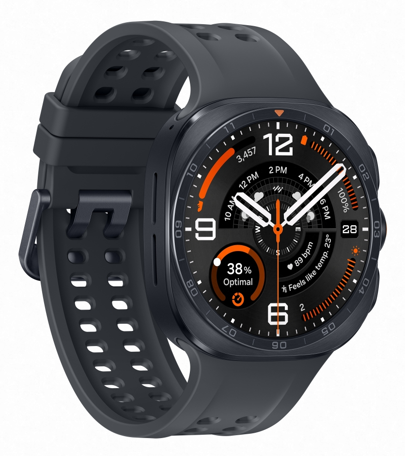 Ciemnoszary smartwatch z czarnym paskiem i tarczą pokazującą dane zdrowotne.