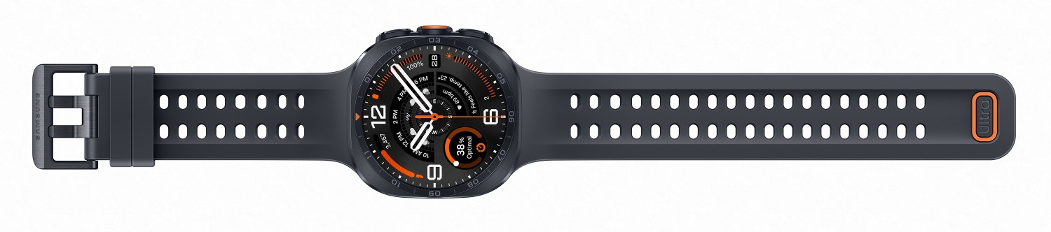 Ciemny smartwatch z pomarańczowymi akcentami na białym tle.