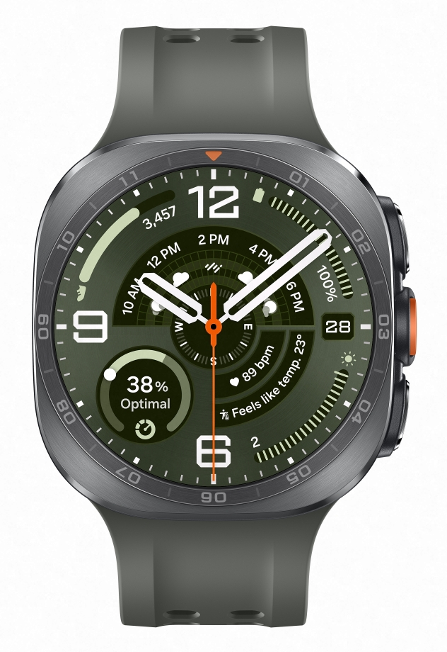 Zielony smartwatch z ciemną metalową obudową i paskiem. Wyświetlacz pokazuje godzinę, datę, tętno i temperaturę.
