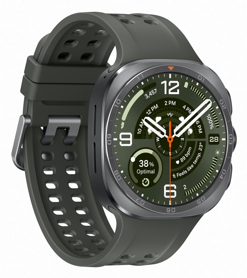 Ciemnozielony smartwatch z srebrną ramką i wieloma wyświetlaczami.