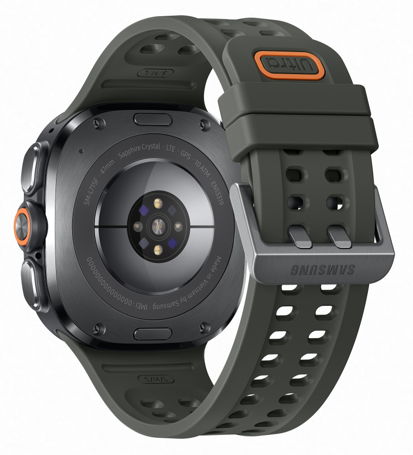 Ciemnoszary smartwatch z ramką, czujnikiem tętna, pomarańczowymi akcentami i paskiem.