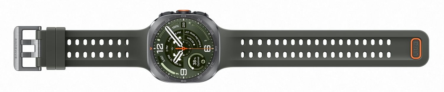 Ciemnozielony smartwatch ze srebrną klamrą i wentylowanym paskiem.