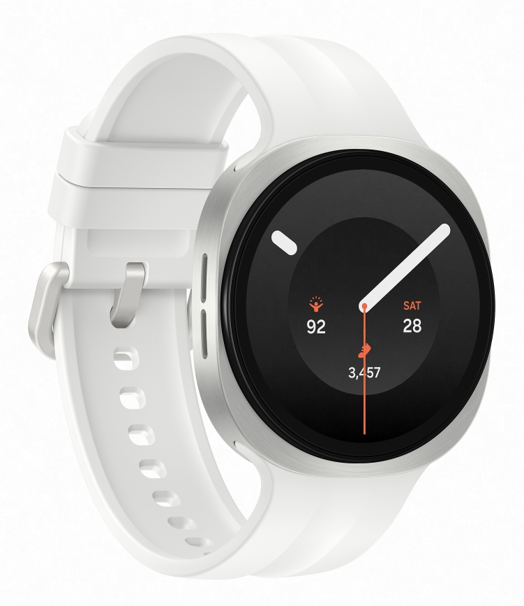 Biały smartwatch ze srebrną obudową i cyfrowym wyświetlaczem daty i kroków.