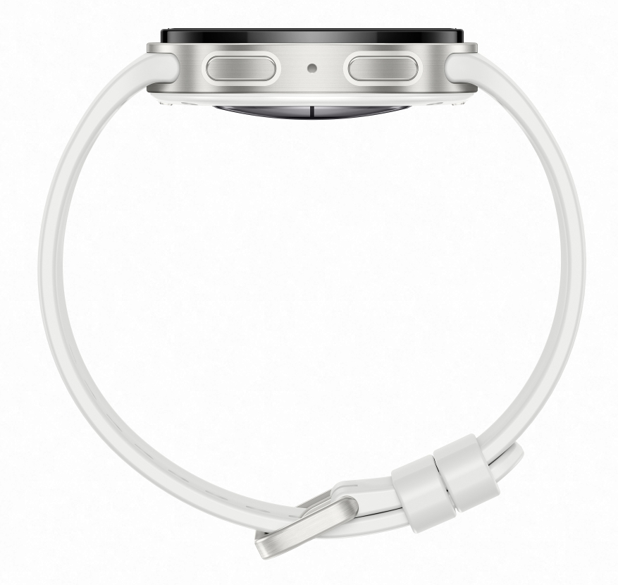 Biały smartwatch z srebrną kopertą i przyciskami.