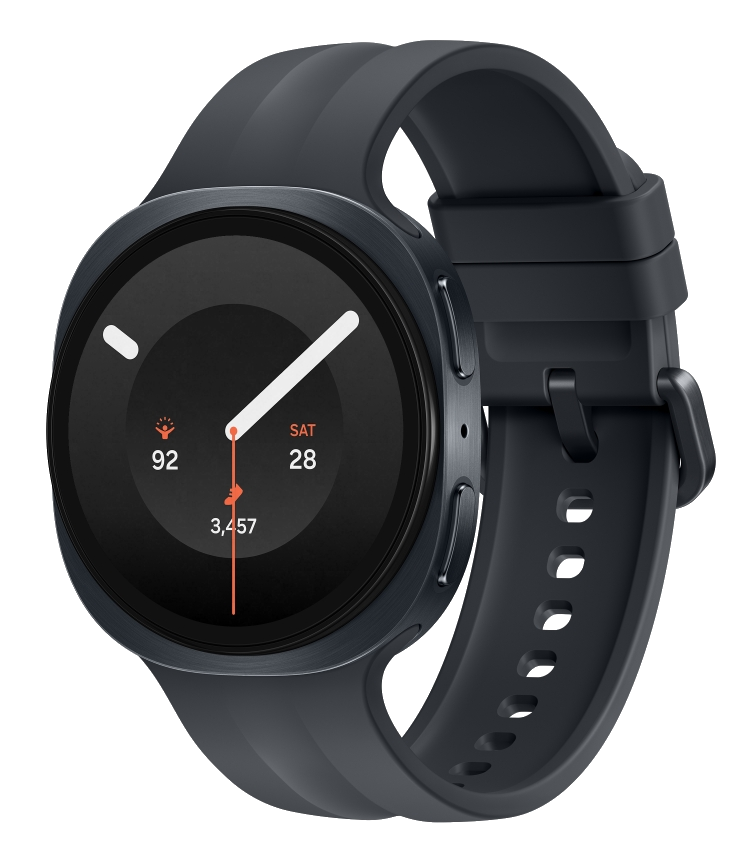 Ciemnoszary smartwatch z czarnym wyświetlaczem pokazującym datę i kroki.