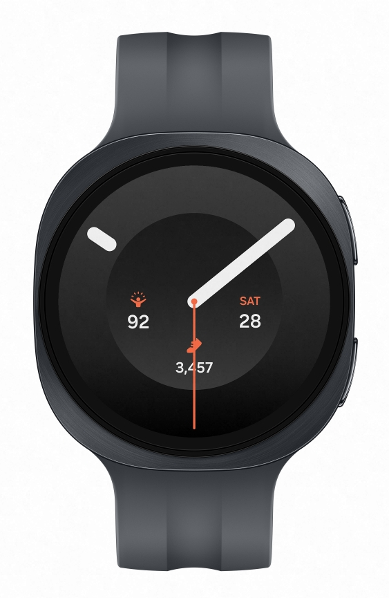 Szary smartwatch z okrągłą tarczą pokazuje 92 kroki i Sob 28.