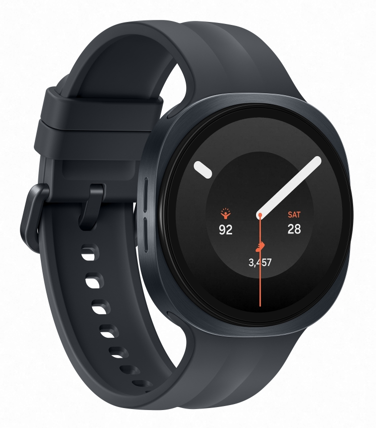Ciemnoszary smartwatch z czarnym paskiem i srebrną ramką. Ekran pokazuje godzinę, datę i tętno.