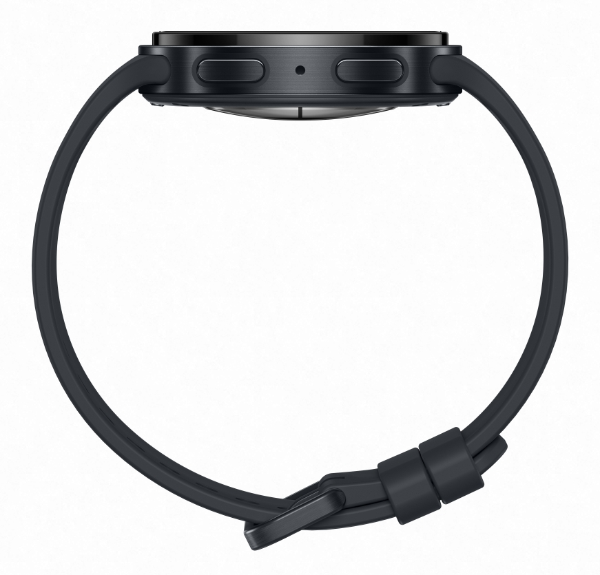 Czarny smartwatch z ciemną bransoletą, pokazany z boku.