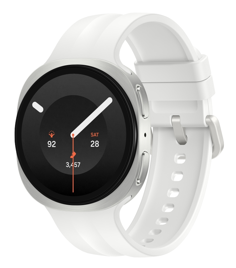 Biały smartwatch ze srebrną obudową i czarnym wyświetlaczem cyfrowym.