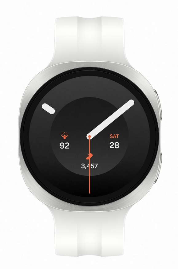 Biały smartwatch z czarną tarczą pokazującą Sob 28.
