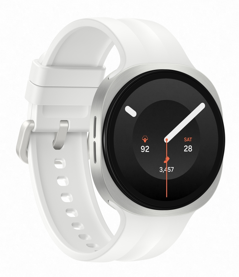 Biały smartwatch z srebrną ramką i czarnym wyświetlaczem.
