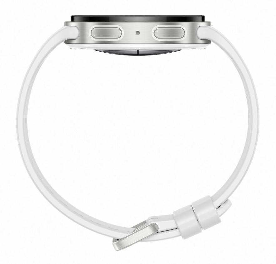Srebrny smartwatch z białym paskiem, widok z boku.