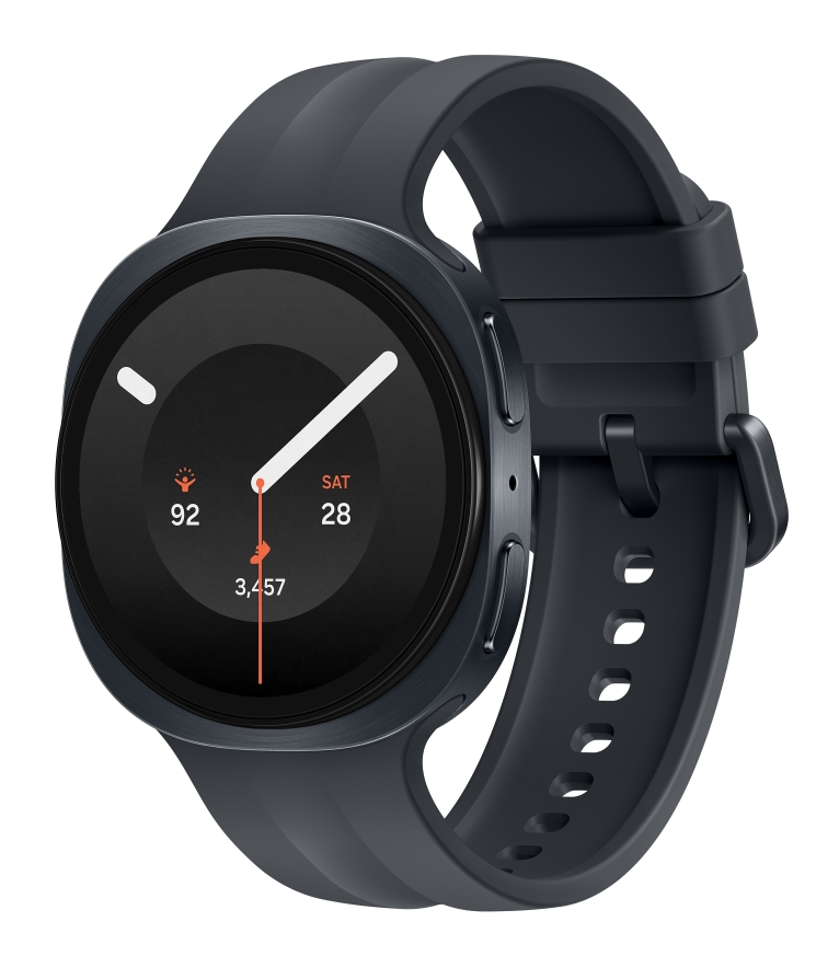 Ciemnoszary smartwatch z czarną tarczą i paskiem.