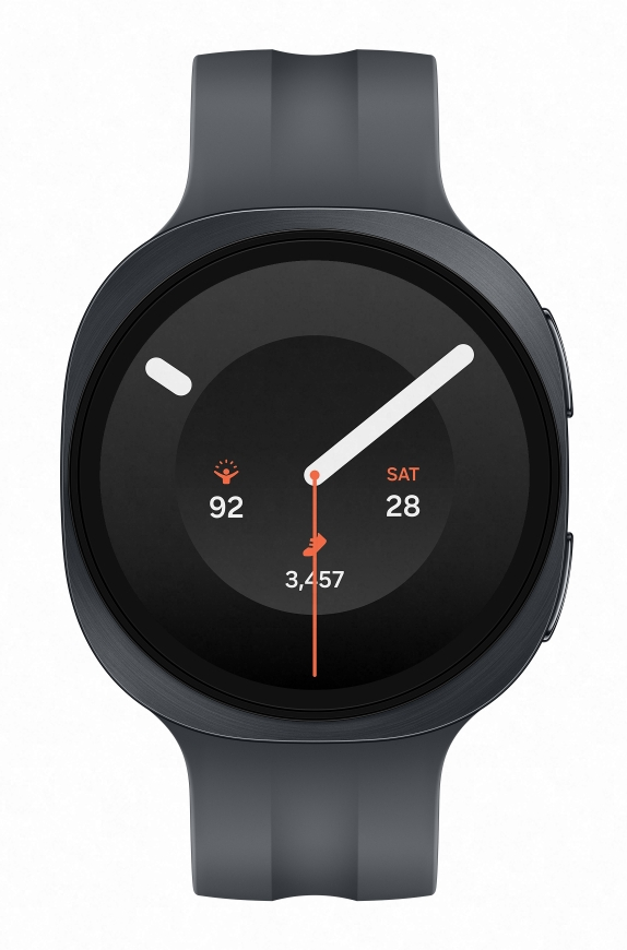 Ciemny smartwatch z okrągłą tarczą i paskiem.