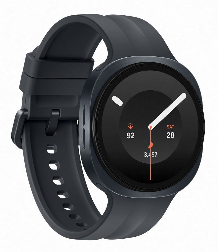 Ciemnoszary smartwatch z czarną opaską i okrągłym wyświetlaczem.