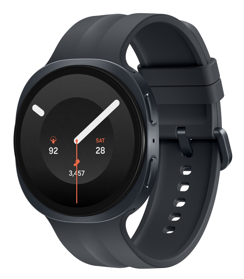Ciemnoszary smartwatch z okrągłą tarczą pokazującą datę i tętno.