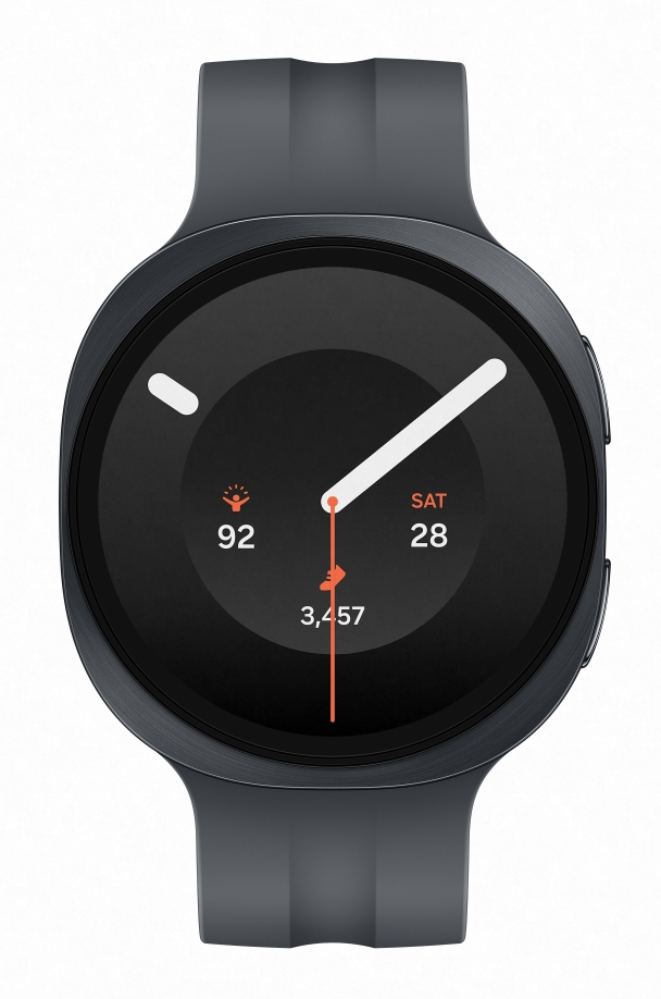 Ciemnoszary smartwatch z czarnym wyświetlaczem pokazującym godzinę, datę i metryki aktywności.