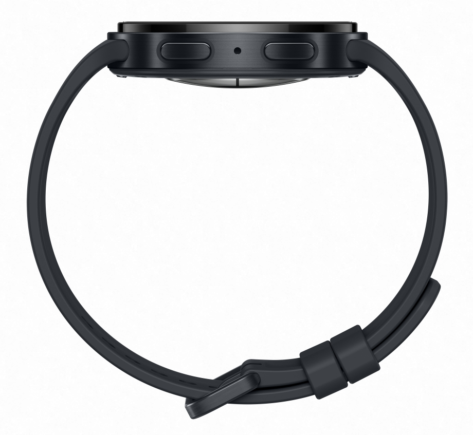 Czarny smartwatch z paskiem, widziany z boku.