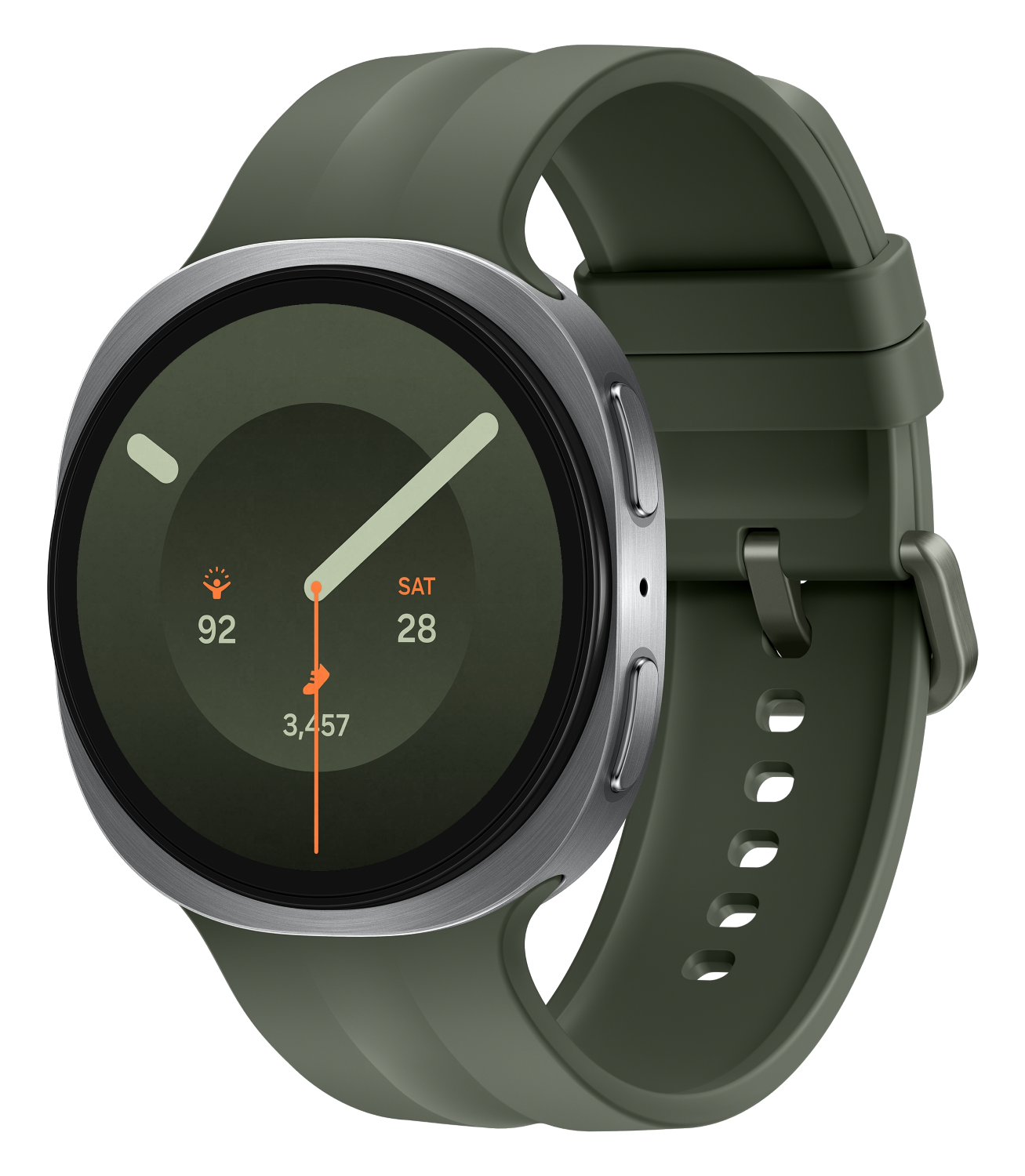 Zielony smartwatch z metalową ramką i cyfrowym wyświetlaczem pokazującym czas, datę i aktywność.