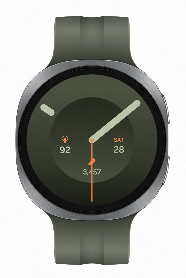 Zielony smartwatch ze srebrną ramką i ciemną tarczą pokazuje czas, datę i kroki.