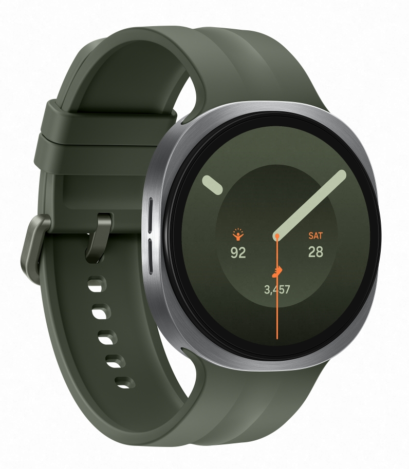 Zielony smartwatch ze srebrną ramką i ciemną tarczą.