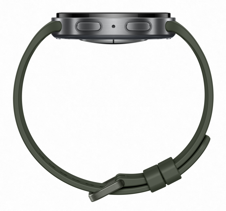 Szary smartwatch z ciemnozielonym paskiem i metalową klamrą.