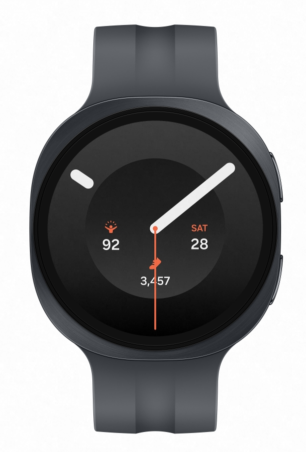 Ciemnoszary smartwatch z czarną tarczą, białymi wskazówkami i wyświetlaczami aktywności.