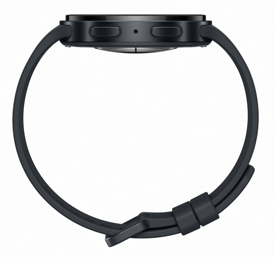 Czarny smartwatch z czarnym paskiem, widok z boku.