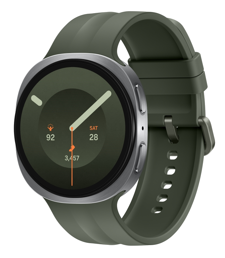 Zielony smartwatch z srebrną ramką i ciemną tarczą.