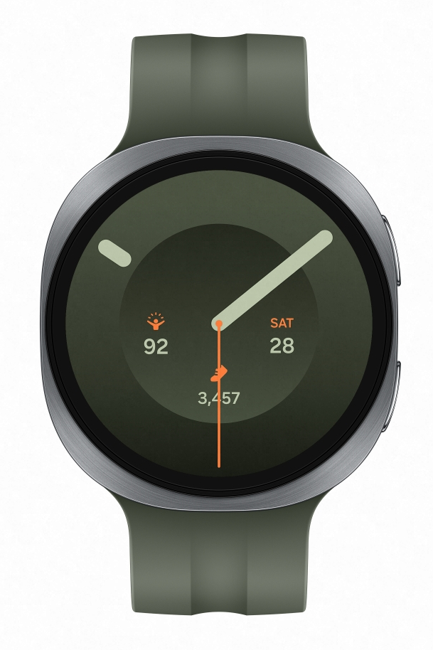 Zielony smartwatch z ciemną tarczą pokazuje Sob, 28, 92 i 3457 kroków.