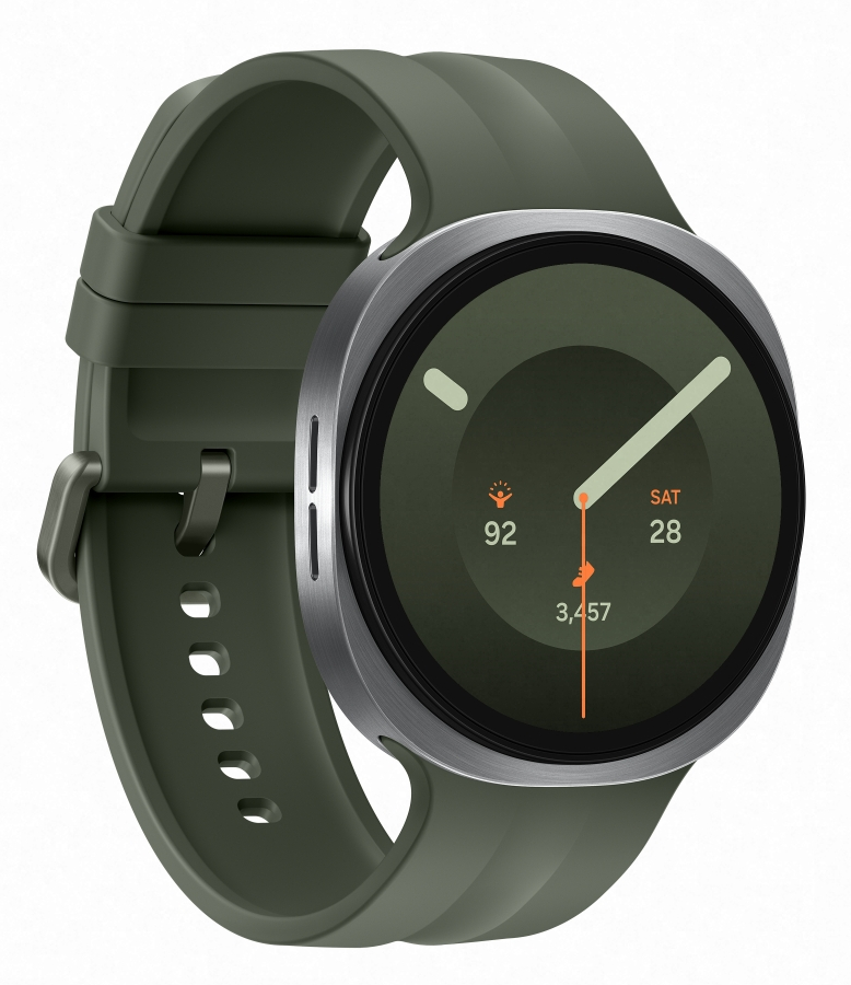 Zielony smartwatch z srebrną ramką i ciemną tarczą.